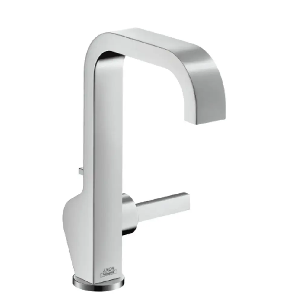 Einhebel-Waschtischmischer von AXOR mit einem modernen Design und einem seitlichen Hebel. Die Abflussgarnitur ist integriert. Oberflächen in Chrom.